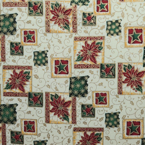 David Textiles - Cream Fabric / Red, Green, Gold Foil Star, Poinsettia, Holly, Scroll Print