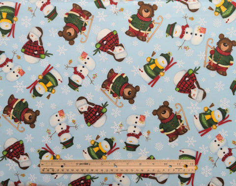 Forest Christmas D#72229 - Sky Blue Fabric / Tossed Snowflake, Cartoon-Style Snowman, Bears