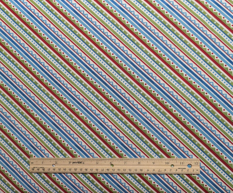 Snowy Friends Nancy Mink Wilmington Prints - Red, Green, Blue, White Ribbon Bias Stripe Print Fabric