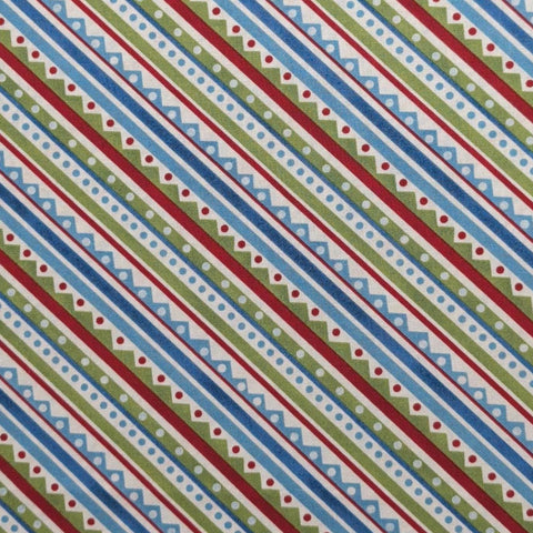 Snowy Friends Nancy Mink Wilmington Prints - Red, Green, Blue, White Ribbon Bias Stripe Print Fabric