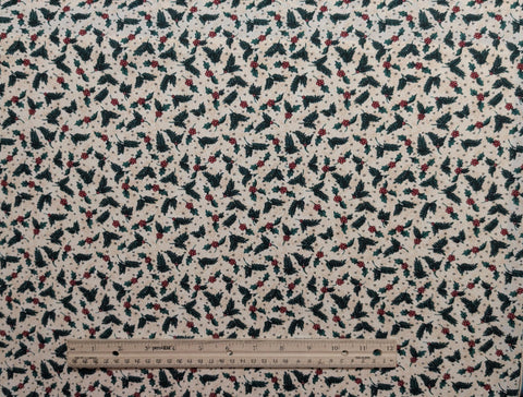 Ivory and Tan Tonal Fabric / Tossed Red, Green, Black Holly Cluster, Pine Sprig, Heart Print - Selvage to Selvage Print