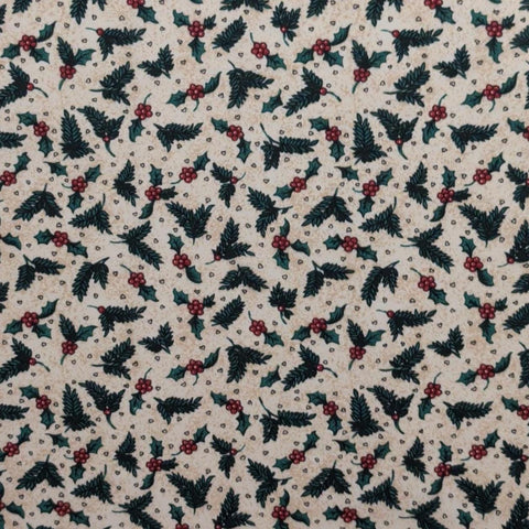 Ivory and Tan Tonal Fabric / Tossed Red, Green, Black Holly Cluster, Pine Sprig, Heart Print - Selvage to Selvage Print