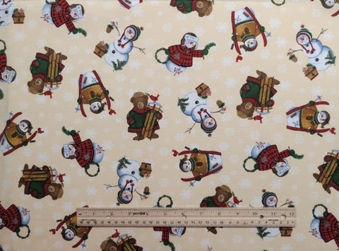 Northwoods Snowmen & Bears D#12712 - Pale Gold Fabric / Tossed Cartoon-Style Bears, Snowmen