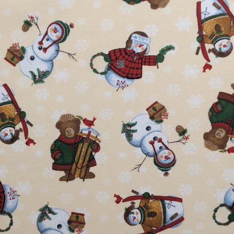 Northwoods Snowmen & Bears D#12712 - Pale Gold Fabric / Tossed Cartoon-Style Bears, Snowmen