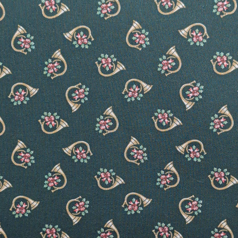 Dark Green Fabric / Tossed White, Gold French Horn Print - Selvage to Selvage Print