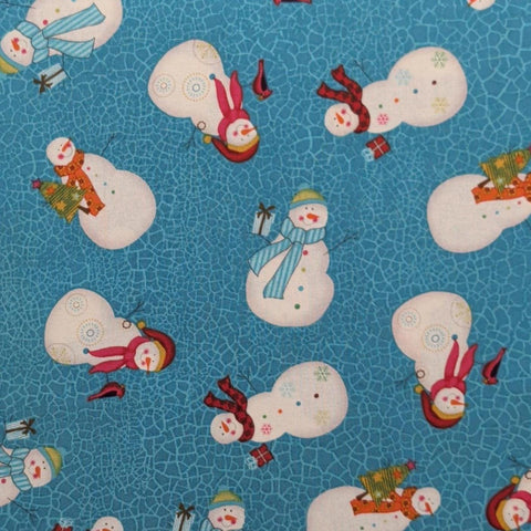 Keepsake Calico Joann - Bright Blue Crackle Fabric / Tossed Snowman Print