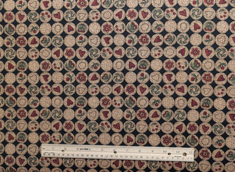 Heritage Square 5851 Kathy Schmitz for Moda - Black Fabric / Tan, Red, Green Crackle Badges Print