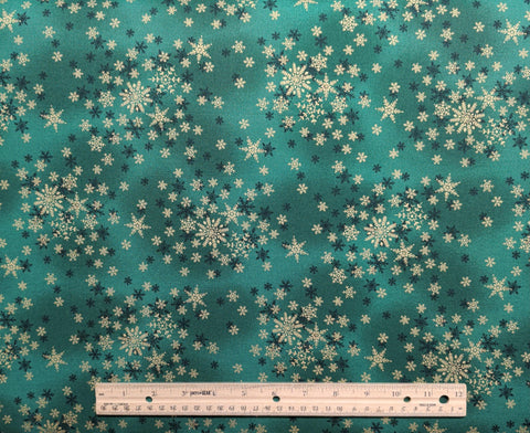 889 Snowflake Makower UK - Green Tonal Fabric / Tossed Black, Gold Foil Snowflake Print