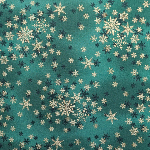 889 Snowflake Makower UK - Green Tonal Fabric / Tossed Black, Gold Foil Snowflake Print