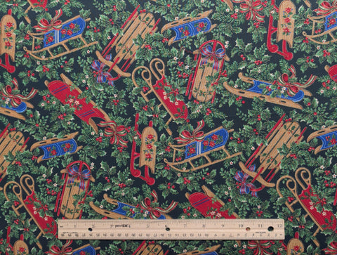 VIP Cranston Print Works - Dark Green Fabric / Red, Blue, Tan Packed Wooden Sled, Holly, Fir Sprig Print