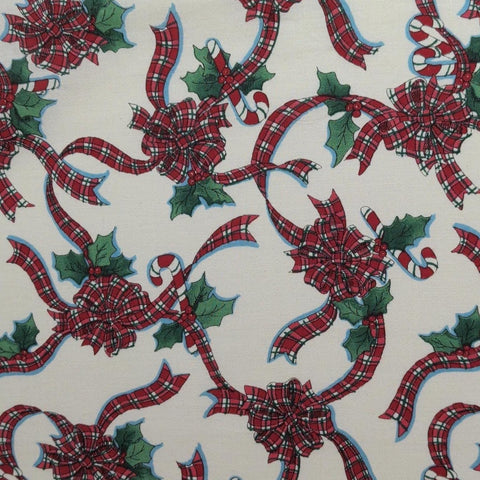 Fabric Traditions 2197 Susan Winget 1994 - Soft White Fabric / Red, Green Plaid Ribbon, Holly Print