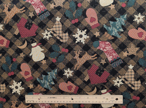 North Bay Christmas Thimbleberries RJR Fashion Fabrics - Black, Tan Bias Plaid Fabric / Tossed Mitten, Tree, Snowflake, Stocking Print