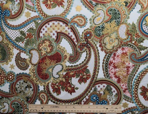 Winter Elegance Jason Yenter In the Beginning Fabrics 2015 - White Fabric / Red, Green, Blue, Gold Foil Giant Paisley and Holly Print