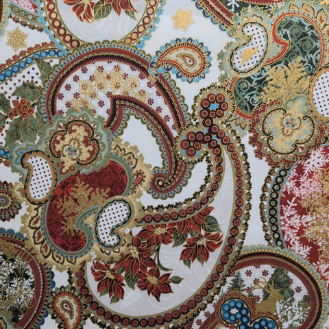 Winter Elegance Jason Yenter In the Beginning Fabrics 2015 - White Fabric / Red, Green, Blue, Gold Foil Giant Paisley and Holly Print