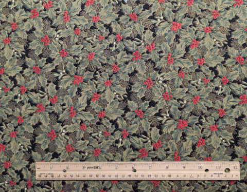 Classic Quilters Christmas 438 by Fabri-Quilt - Black Fabric / Green, Red Packed Holly Print / Gold Metallic Accents