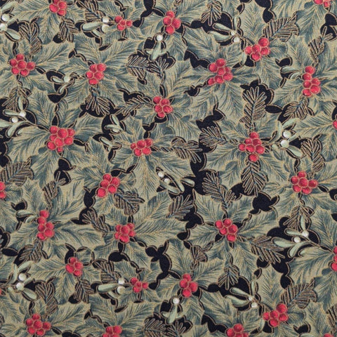 Classic Quilters Christmas 438 by Fabri-Quilt - Black Fabric / Green, Red Packed Holly Print / Gold Metallic Accents