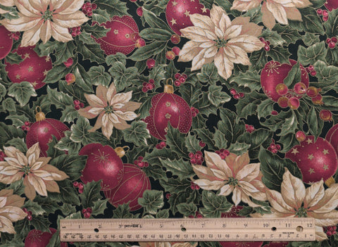 VIP Cranston Print Works - Dark Green Fabric / Giant Cream, Dark Rose, Green Poinsettia, Holly, Ornament Print
