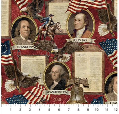 America 250 - Stonehenge by Linda Ludivico for Northcott FabricsDP28368-24 Founding Fathers Red Multi