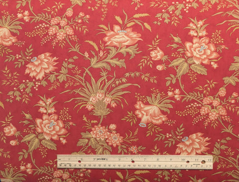 Antelier 44052 by 3 Sisters for Moda - Dark Red Fabric / Tan, Coral, Gold French Colonial Style Floral Print