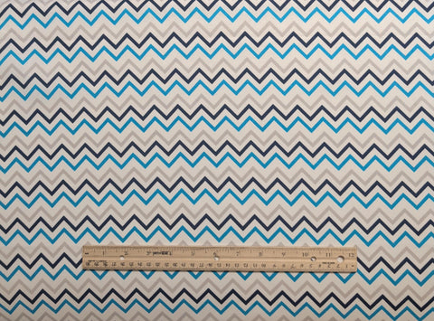 White Fabric / Navy, Turquoise, Gray Chevron Print