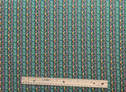 Originelle Fabrics - Vintage Green Fabric / White, Pink Yellow, Red, Blue Flower and Vine Stripe