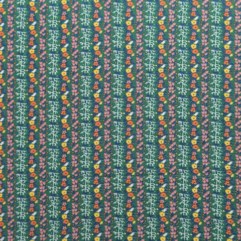 Originelle Fabrics - Vintage Green Fabric / White, Pink Yellow, Red, Blue Flower and Vine Stripe