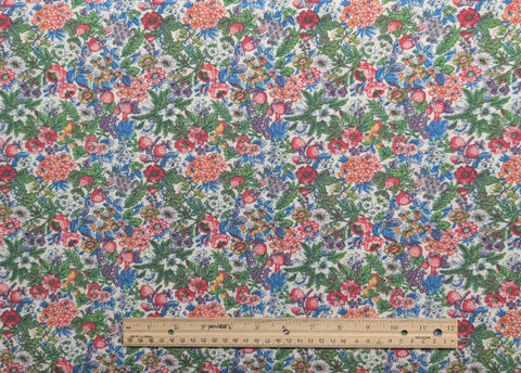 Concord Fabrics Inc - Vintage White Fabric / Pink, Purple, Blue, Green Packed Flower and Fruit Print