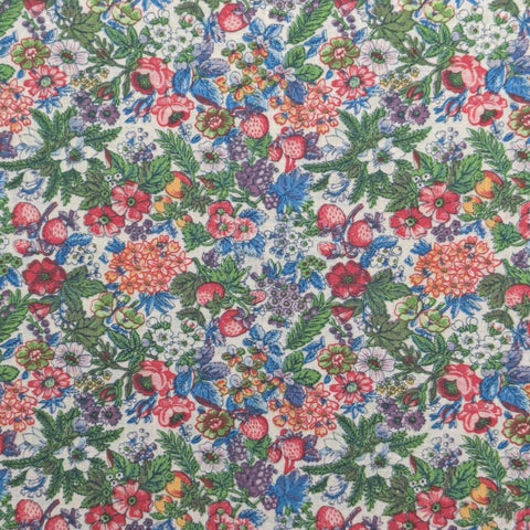 Concord Fabrics Inc - Vintage White Fabric / Pink, Purple, Blue, Green Packed Flower and Fruit Print