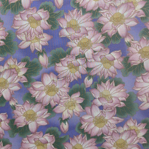 Empress Garden E911 Hoffman California International Fabrics - Purple Tonal Fabric / Packed Pink and Tan Flower Print / Gold Metallic Accent