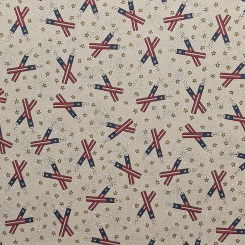 Tan Fabric / Red, Blue Tossed Fireworks / Gold Star Print - Selvage to Selvage Print