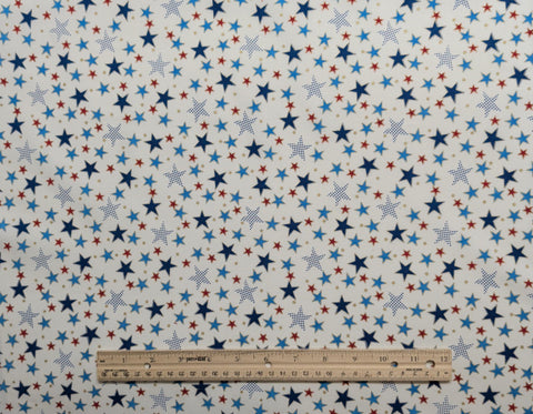 Celebrate H4007 Hoffman California International Fabrics - White Fabric / Red, Blue, Gold Metallic Star Print