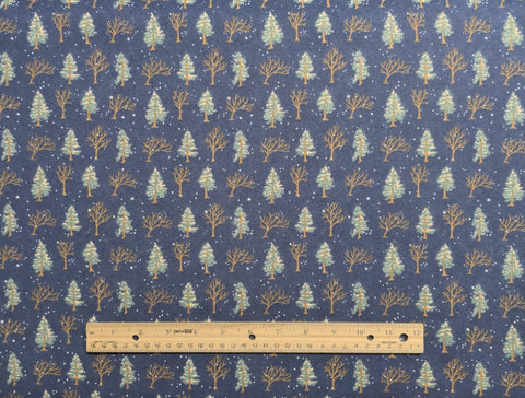 Winter Forest 6602 Holly Taylor for Moda - Navy Flannel Fabric / Green and Tan Tree Print
