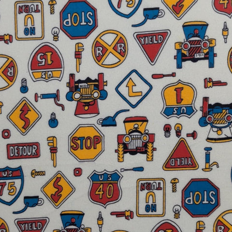 White Flannel Fabric / Red, Yellow, Blue Traffic Signs, Tractors - Selvage to Selvage Print