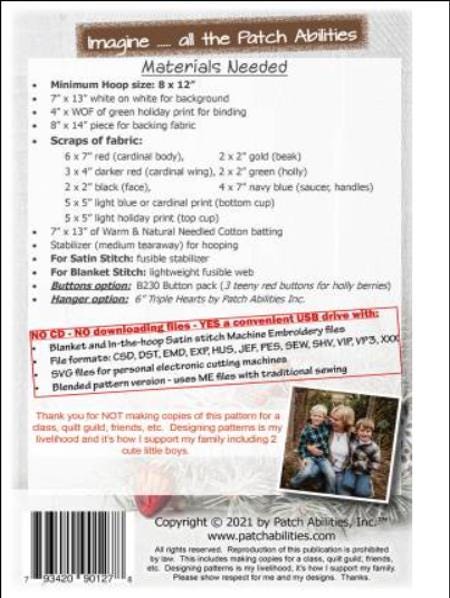 Coffee with a Cardinal P230-ME Pattern by Patch Abilities Satin & Blanket Stitch Machine Embroidery