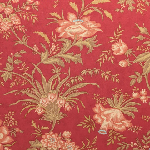Antelier 44052 by 3 Sisters for Moda - Dark Red Fabric / Tan, Coral, Gold French Colonial Style Floral Print