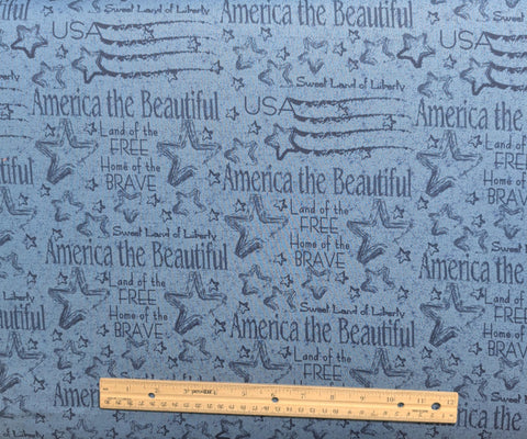 Light Blue Fabric / Navy Patriotic Script and Star Print - Selvage to Selvage Print