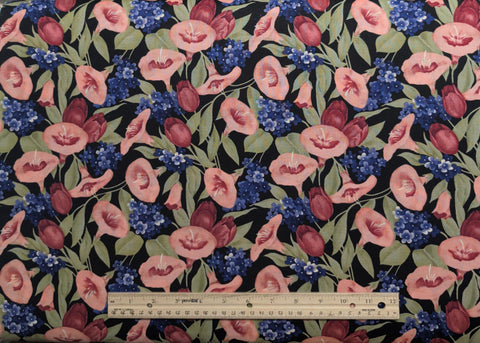 Black Fabric / Red, Pink, Green, Blue Packed Floral Print