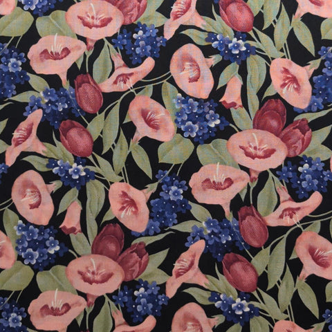 Black Fabric / Red, Pink, Green, Blue Packed Floral Print