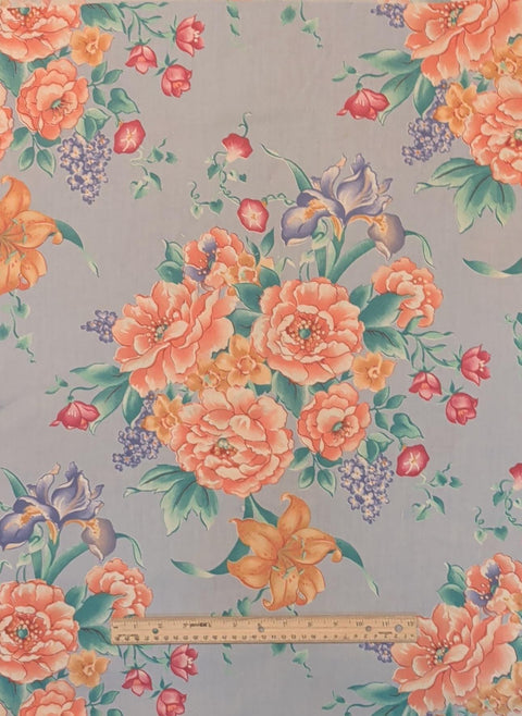 The Manes Corporation - Pale Blue Fabric / Coral, Salmon, Purple, Teal Giant Floral Print