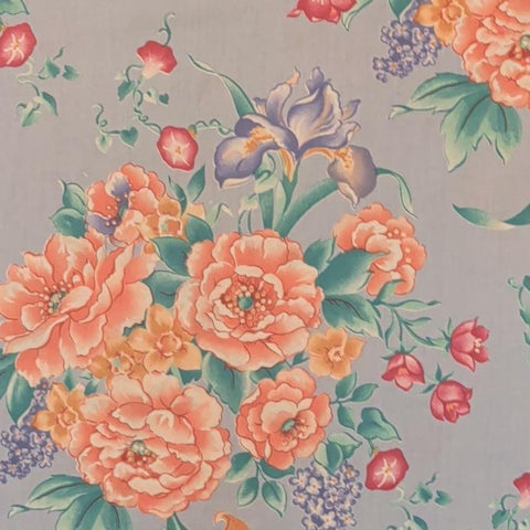 The Manes Corporation - Pale Blue Fabric / Coral, Salmon, Purple, Teal Giant Floral Print