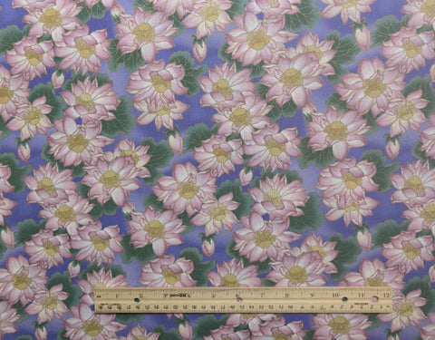 Empress Garden E911 Hoffman California International Fabrics - Purple Tonal Fabric / Packed Pink and Tan Flower Print / Gold Metallic Accent