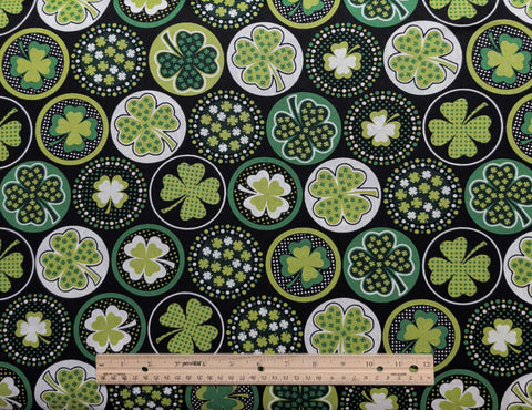 JoAnn Fabrics - Black Fabric / White, Green Packed Shamrock Badges Print
