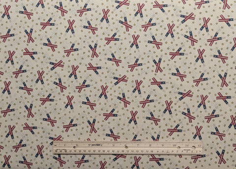 Tan Fabric / Red, Blue Tossed Fireworks / Gold Star Print - Selvage to Selvage Print