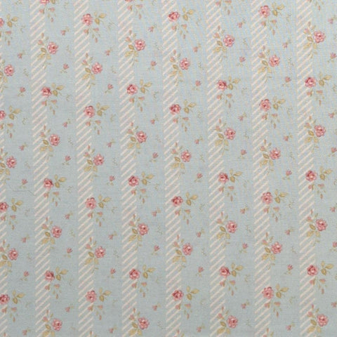 Paris Flea Market 3 Sisters Moda - Pale Aqua Fabric / Cream Stripe / Tossed Pink Flower Print