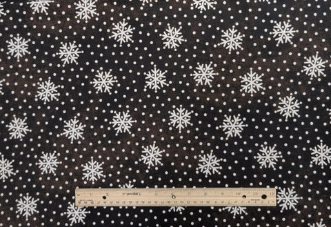 Crazy for Christmas 18182 Maywood Studio Bonnie Sullivan - Black and Brown Tonal Flannel Fabric / Tossed White Snowflake and Dot Print