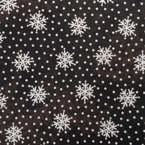 Crazy for Christmas 18182 Maywood Studio Bonnie Sullivan - Black and Brown Tonal Flannel Fabric / Tossed White Snowflake and Dot Print
