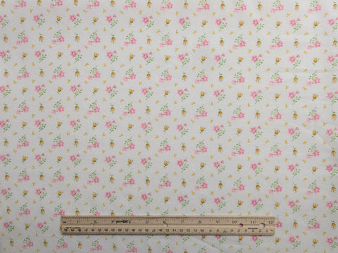 Vintage Lightweight Flannel Fabric - White Fabric / Tossed Pink, Yellow Flower Print