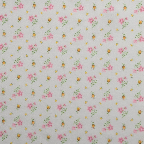 Vintage Lightweight Flannel Fabric - White Fabric / Tossed Pink, Yellow Flower Print