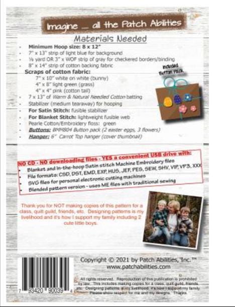 Bunny Got Back MM804BH-ME by Patch Abilities  Satin & Blanket Stitch Machine Embroidery / Includes Hanger and Buttons