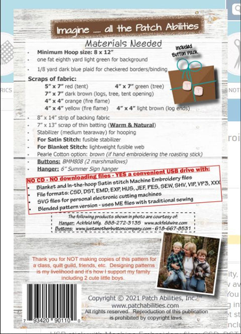 Campfire Goodies MM808BH-ME by Patch Abilities  Satin & Blanket Stitch Machine Embroidery / Includes Hanger and Buttons